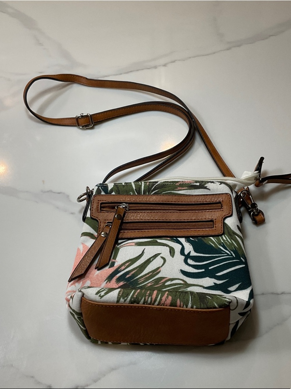 Vegan Tropical Print Crossbody Bag with Tan Trim.